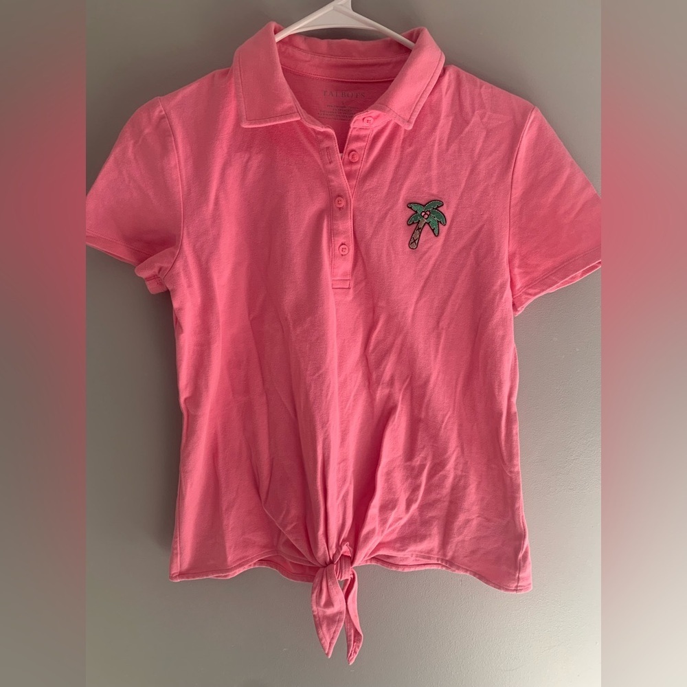 Talbots Pink Short Sleeve Polo Tie-Front Top with Palm Patch
